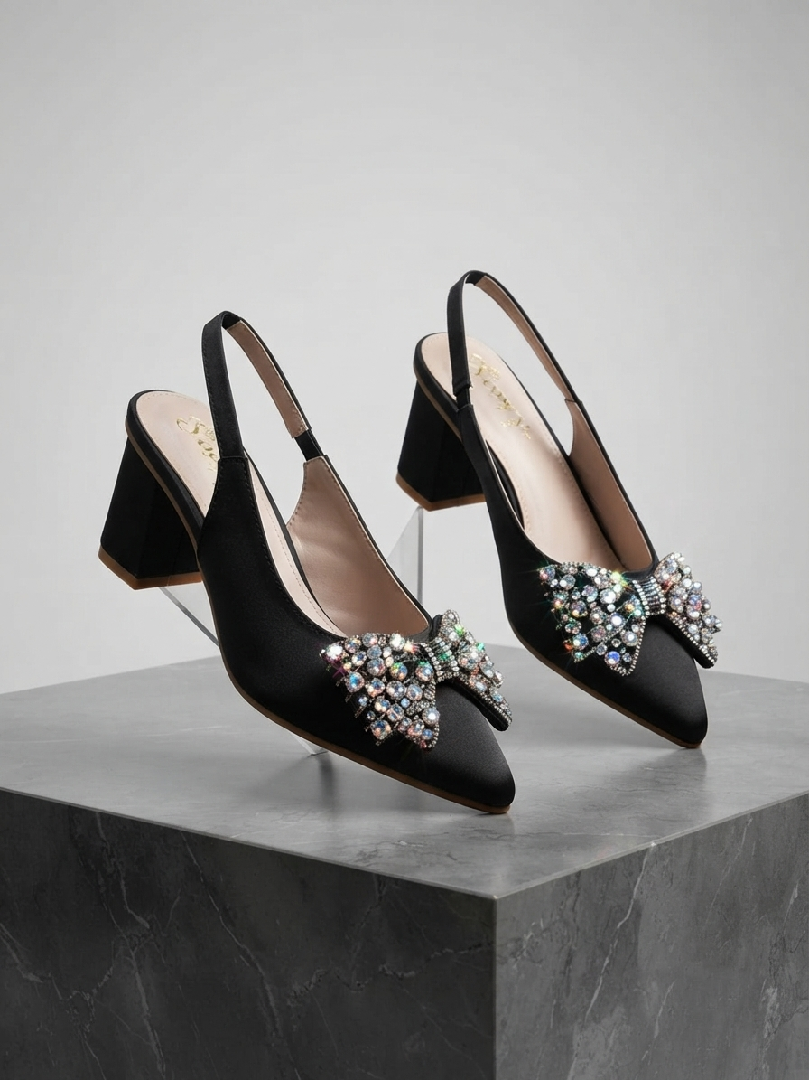 Elegant Ivory Crystal Bow Block Heels for Women | Bridal & Party Wear Shoes