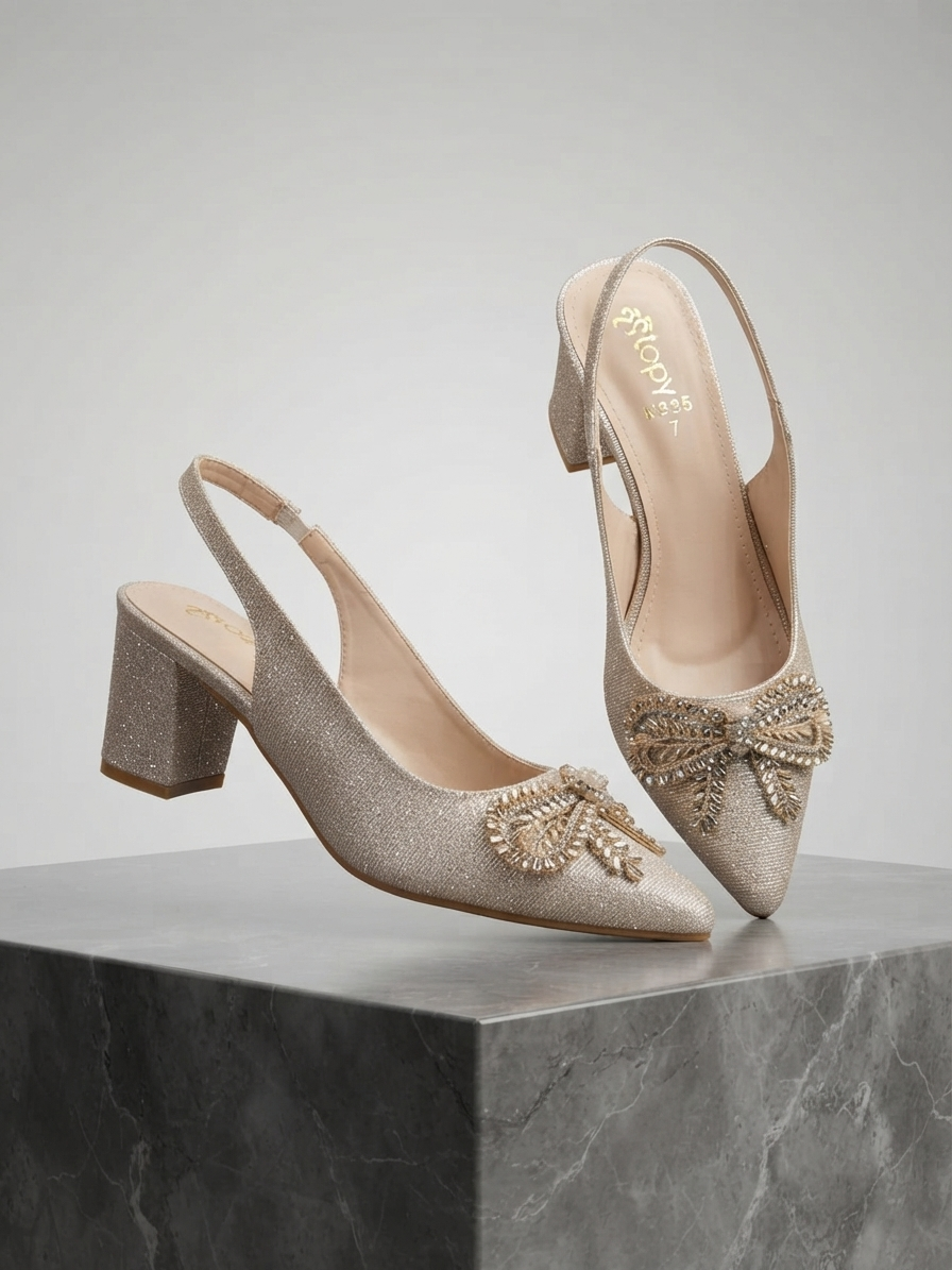 Luxury Glitter Crystal Bow Block Heels for Women | Bridal & Party Wear Shoes