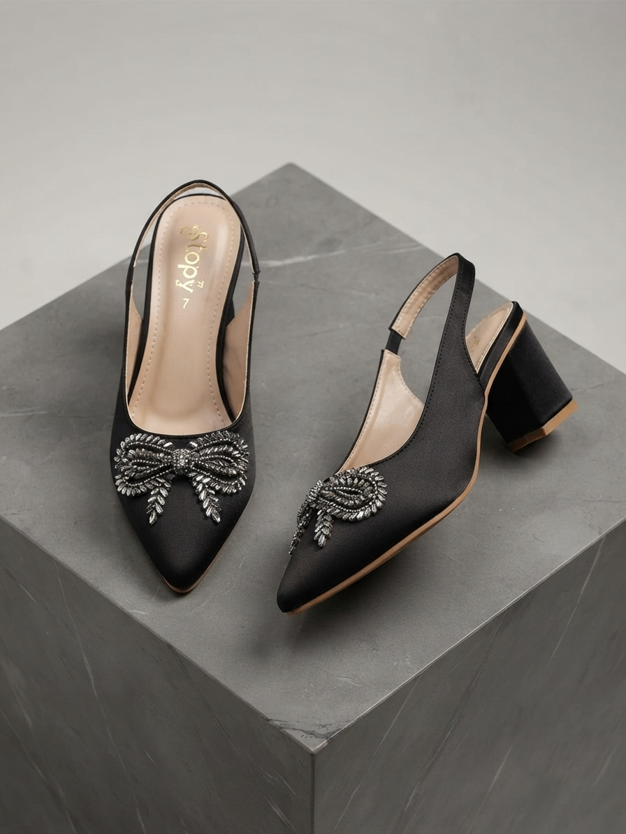 Luxury Glitter Crystal Bow Block Heels for Women | Bridal & Party Wear Shoes