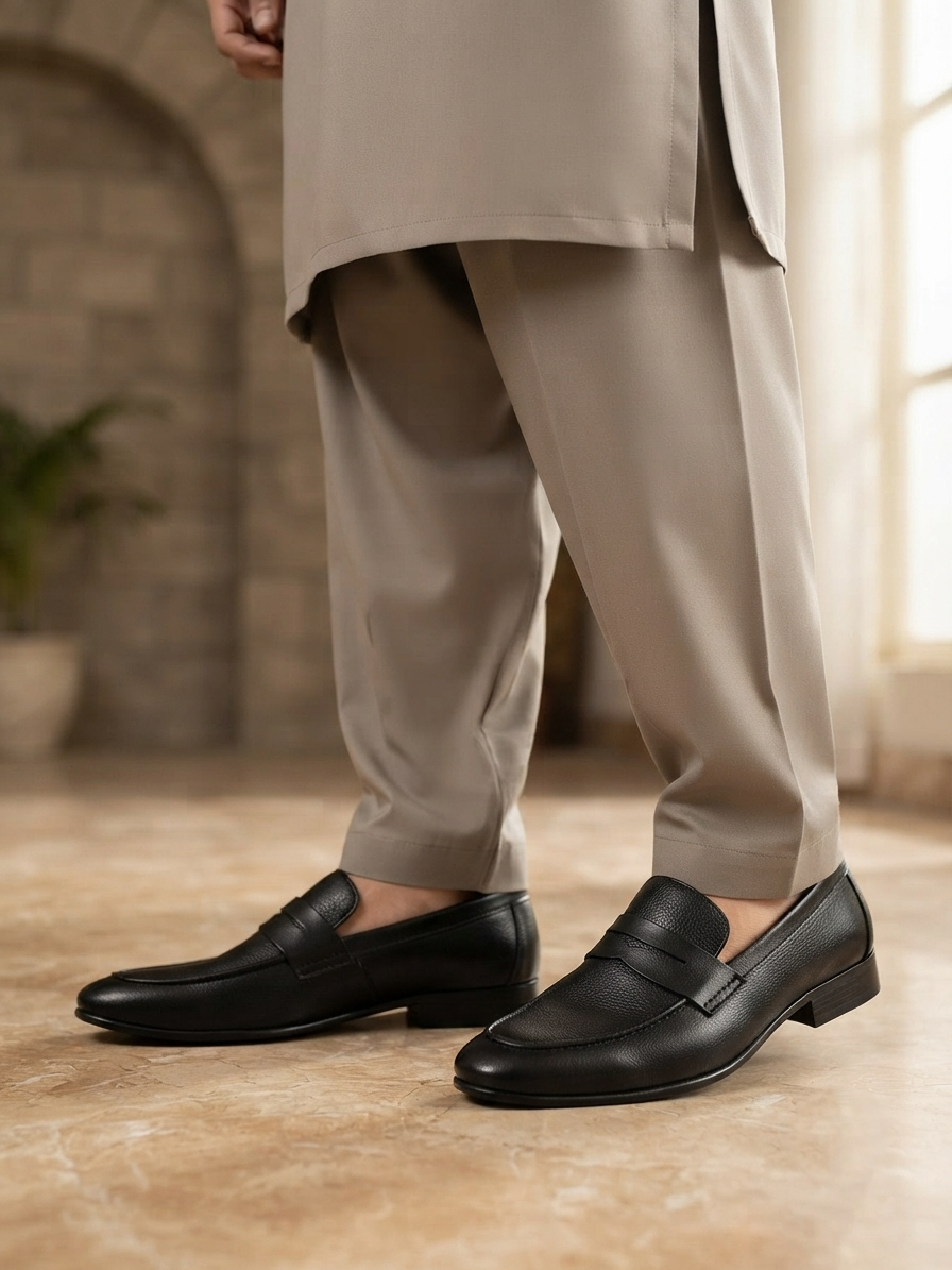 Men’s Premium Dark Textured Loafers – Classic Formal Slip-On Shoes