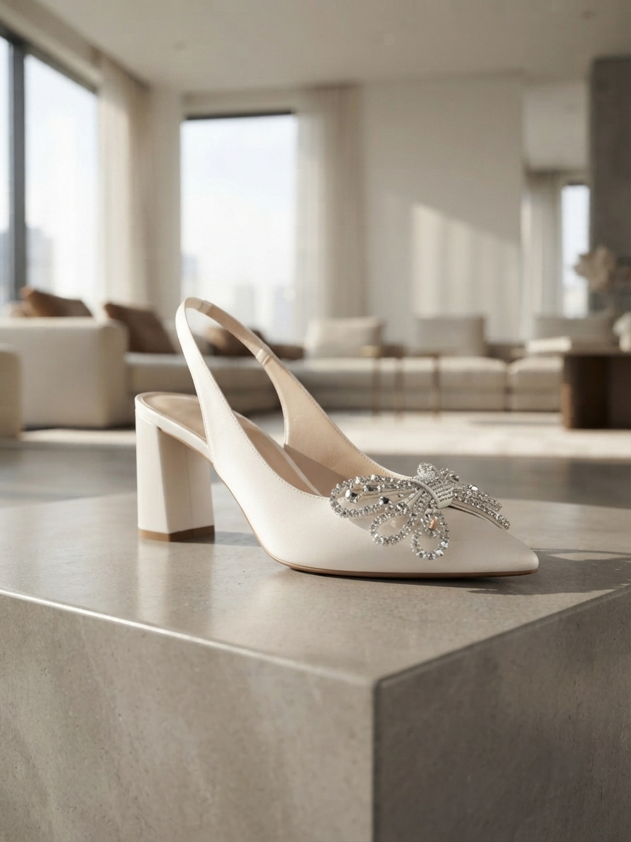 Elegant Ivory Crystal Bow Block Heels for Women | Bridal & Party Wear Shoes