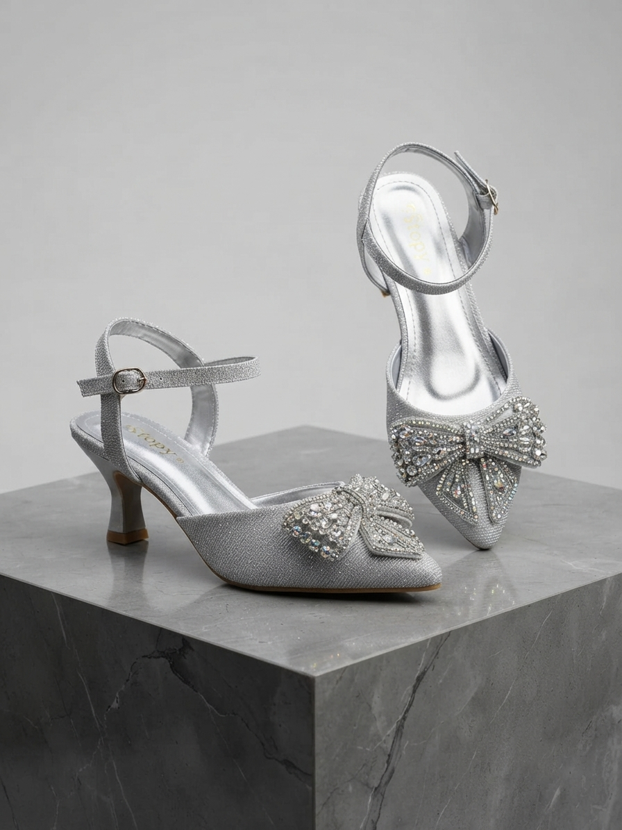 Luxury Glitter Crystal Bow Slingback Heels for Women | Bridal & Party Wear Shoes