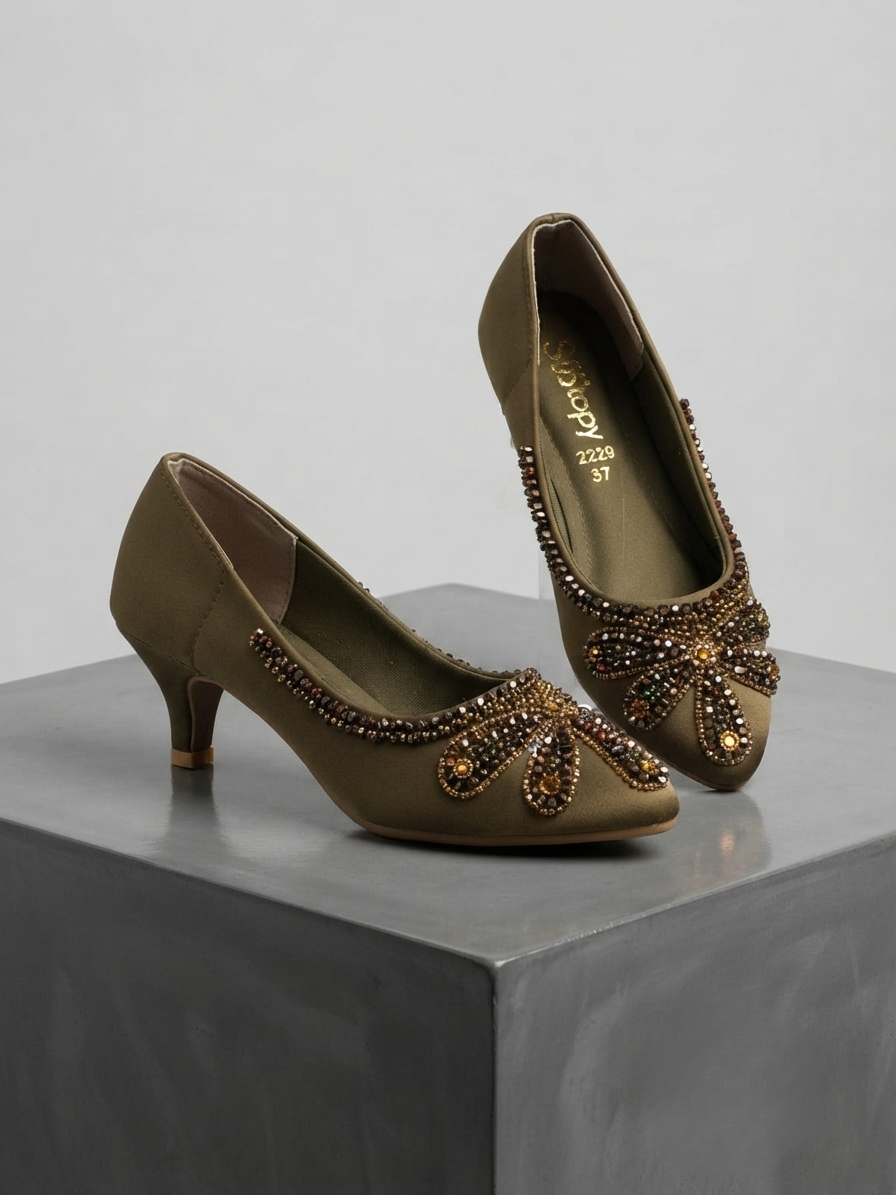 Elegant Charcoal Grey Embellished Kitten Heel Pumps for Women | Party & Wedding Wear