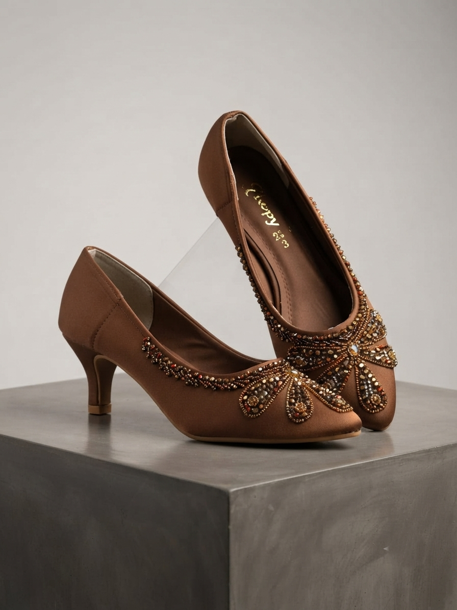 Elegant Charcoal Grey Embellished Kitten Heel Pumps for Women | Party & Wedding Wear