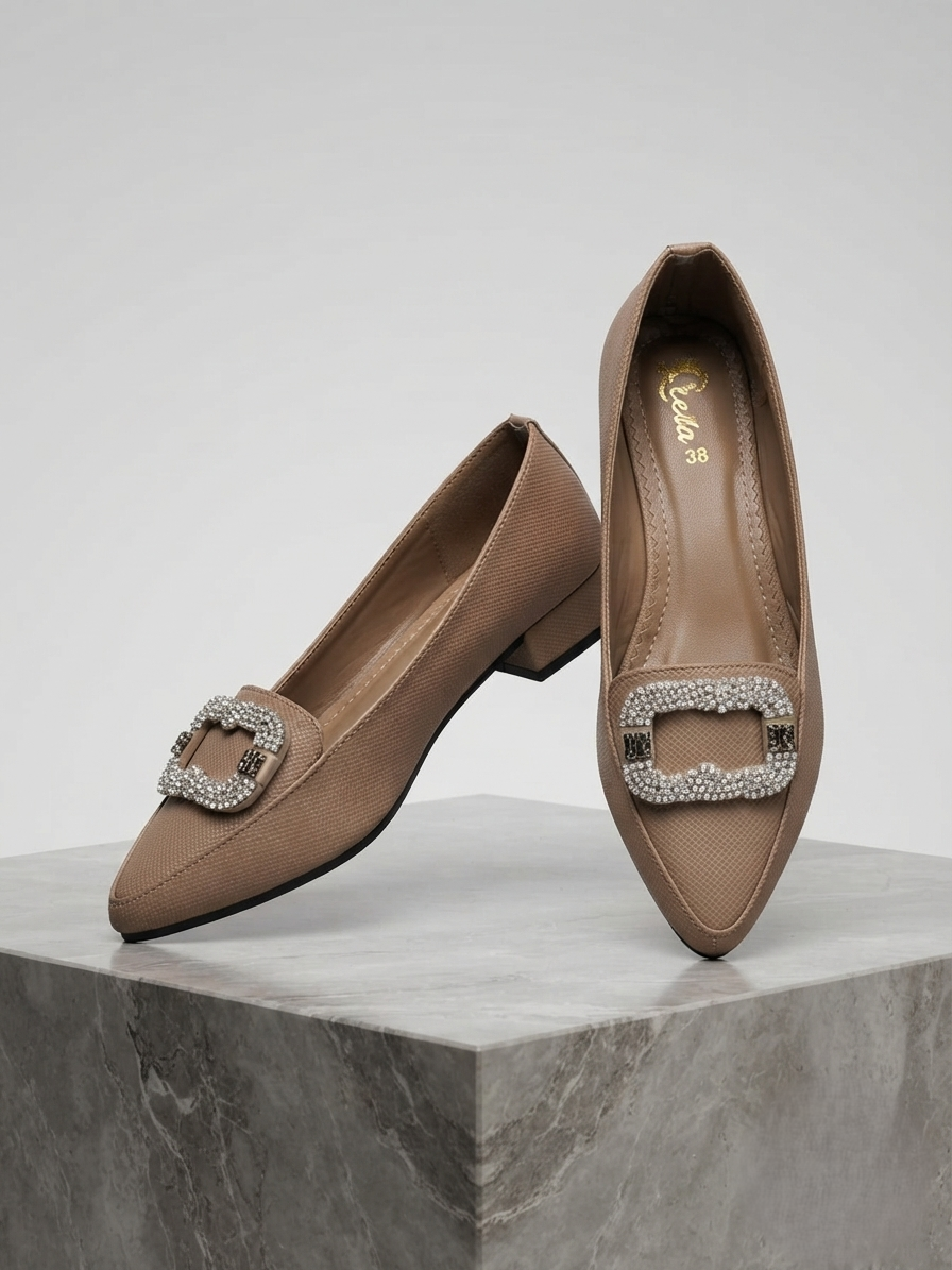 Elegant Nude Pointed Toe Flats with Crystal Buckle for Women | Office & Casual Wear Shoes