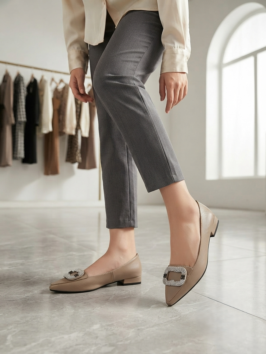 Elegant Nude Pointed Toe Flats with Crystal Buckle for Women | Office & Casual Wear Shoes