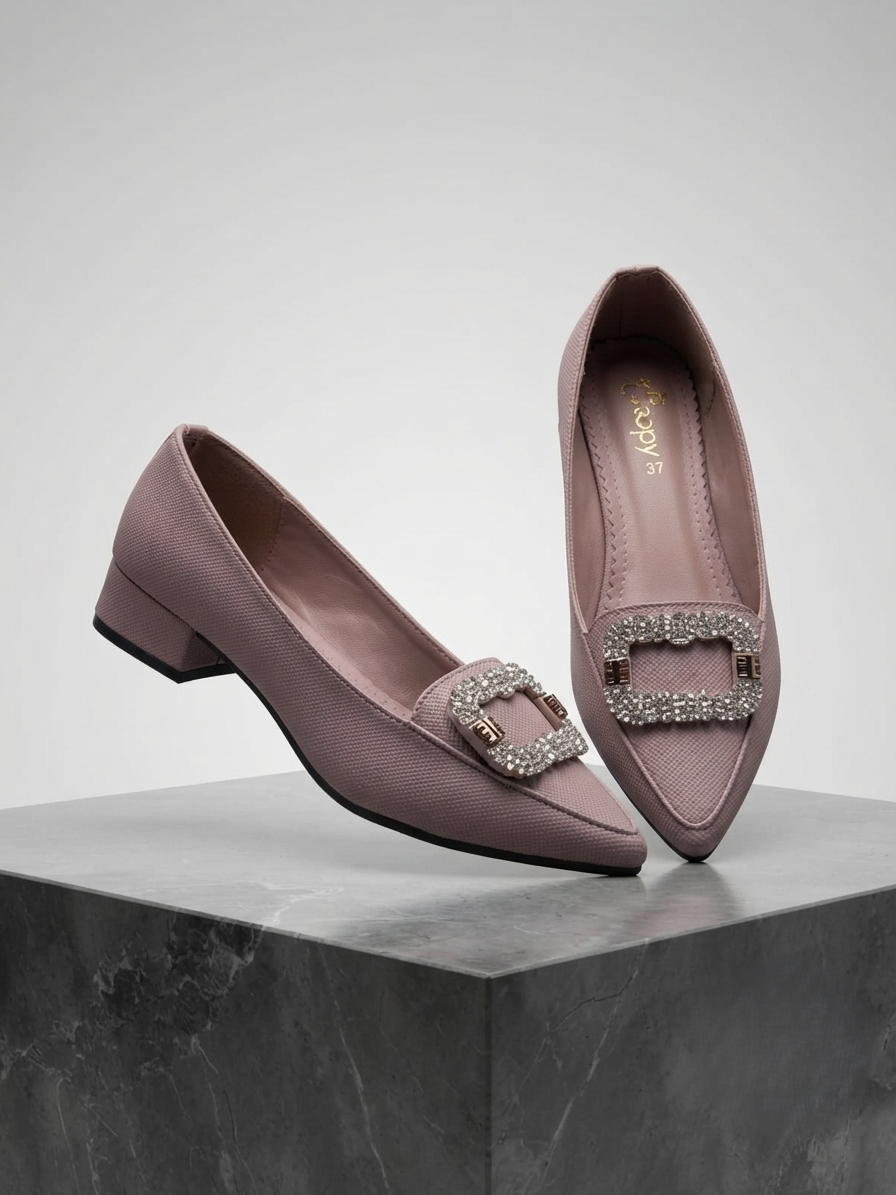 Elegant Nude Pointed Toe Flats with Crystal Buckle for Women | Office & Casual Wear Shoes