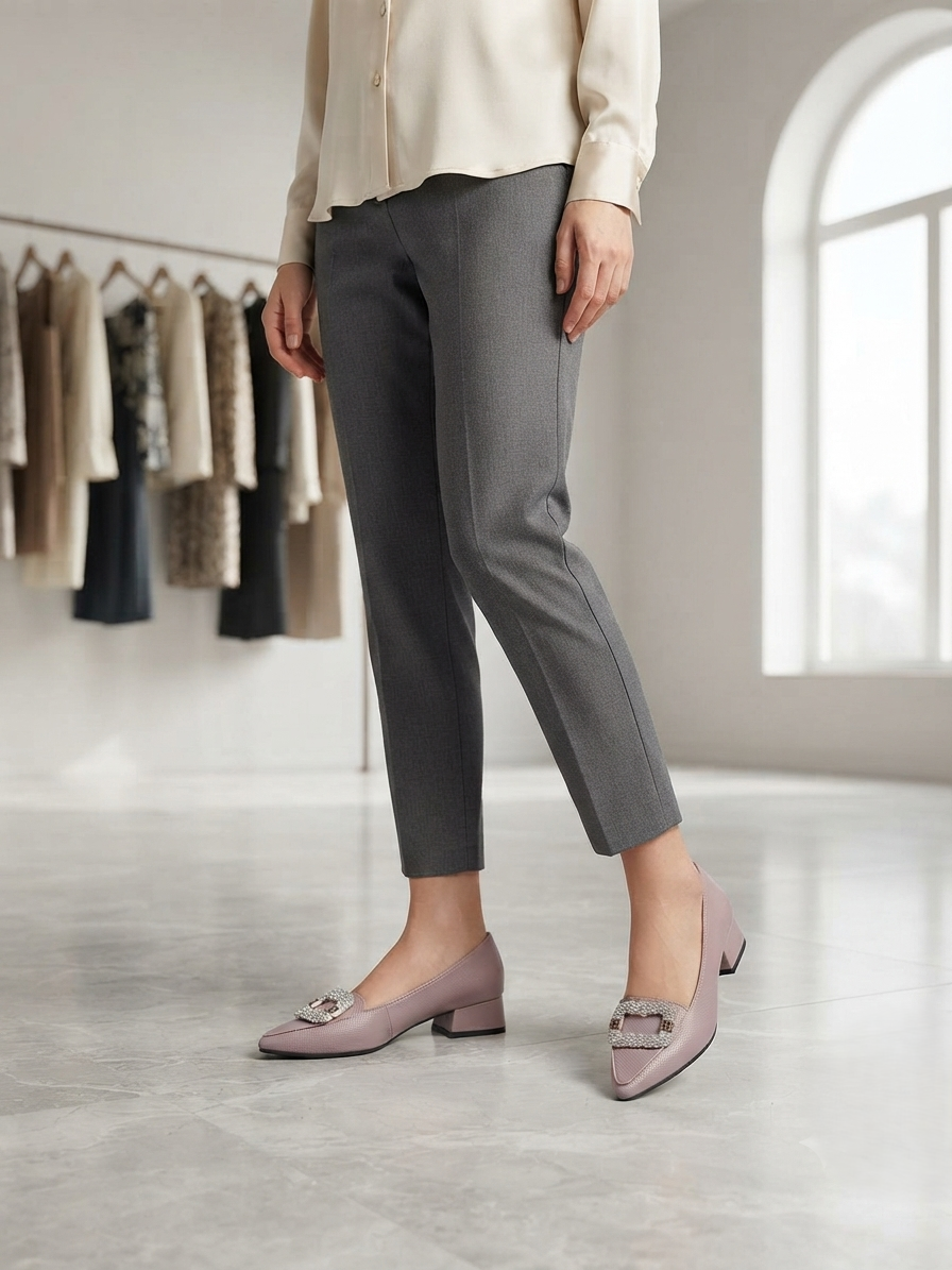 Elegant Nude Pointed Toe Flats with Crystal Buckle for Women | Office & Casual Wear Shoes