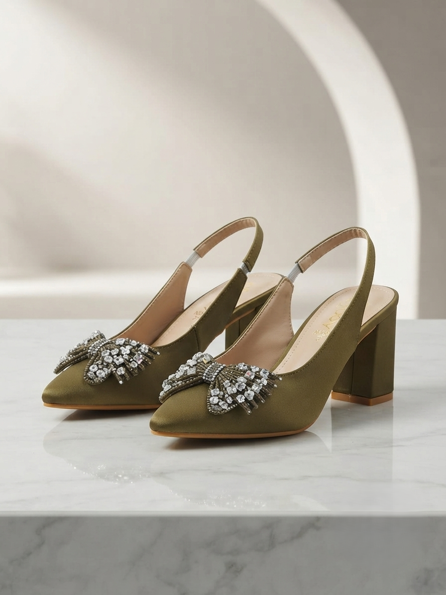 Elegant Ivory Crystal Bow Block Heels for Women | Bridal & Party Wear Shoes