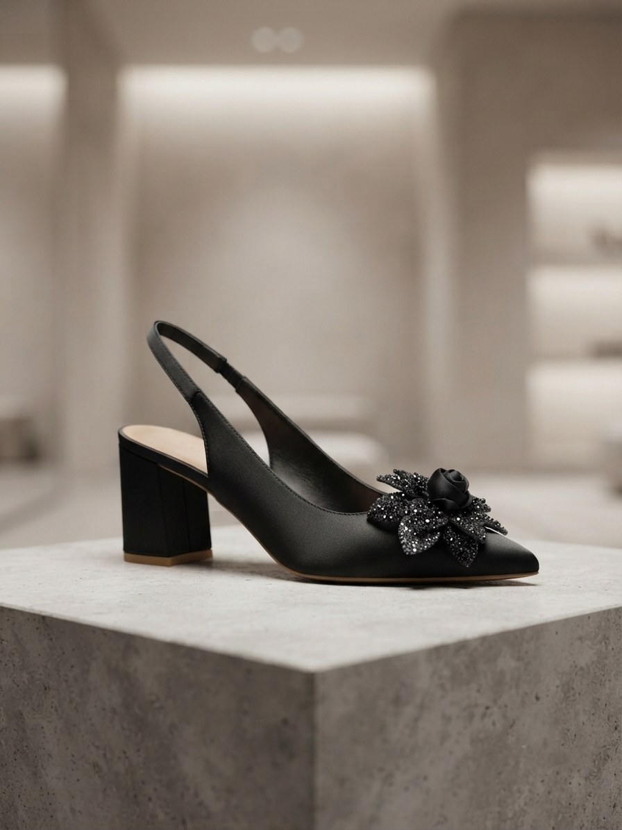Elegant Black Crystal Rose Block Heels for Women | Party & Evening Wear Shoes