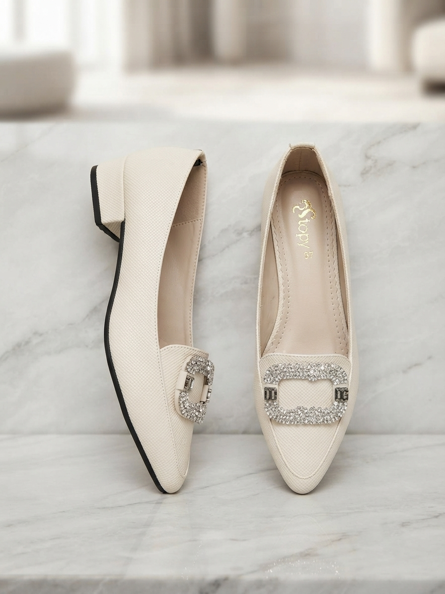 Elegant Nude Pointed Toe Flats with Crystal Buckle for Women | Office & Casual Wear Shoes