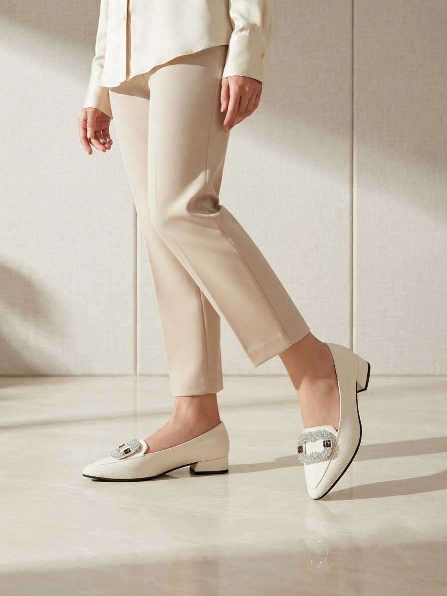 Elegant Nude Pointed Toe Flats with Crystal Buckle for Women | Office & Casual Wear Shoes