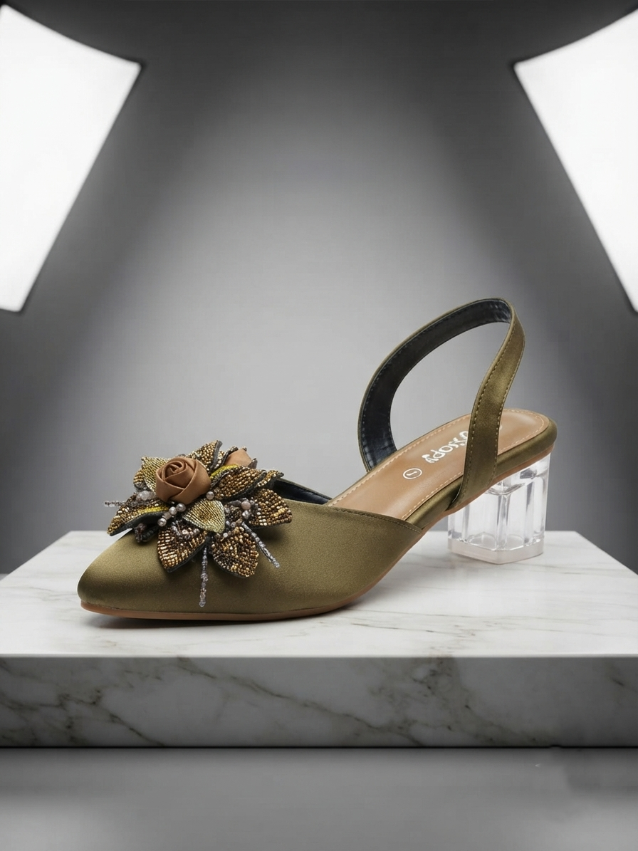 Luxury Crystal Rose Clear Block Heels for Women | Party & Wedding Wear Shoes