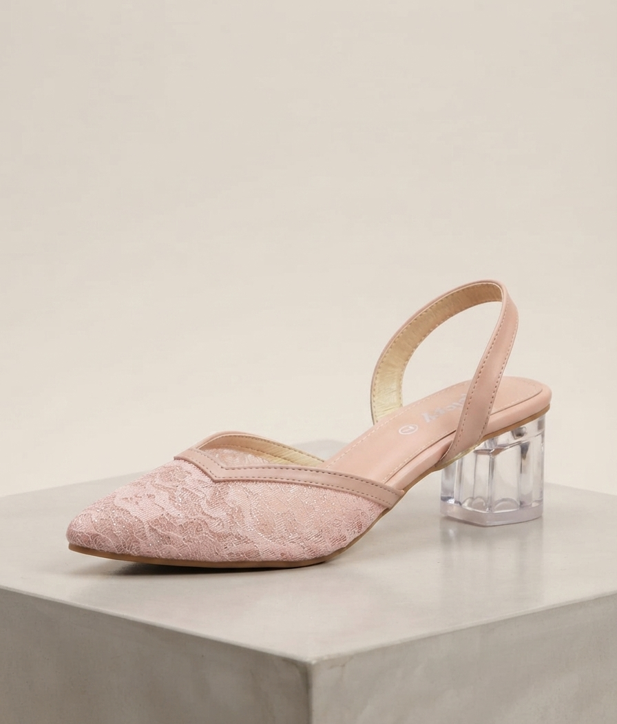 Elegant Blush Lace Clear Block Heels for Women | Party & Wedding Wear Slingbacks