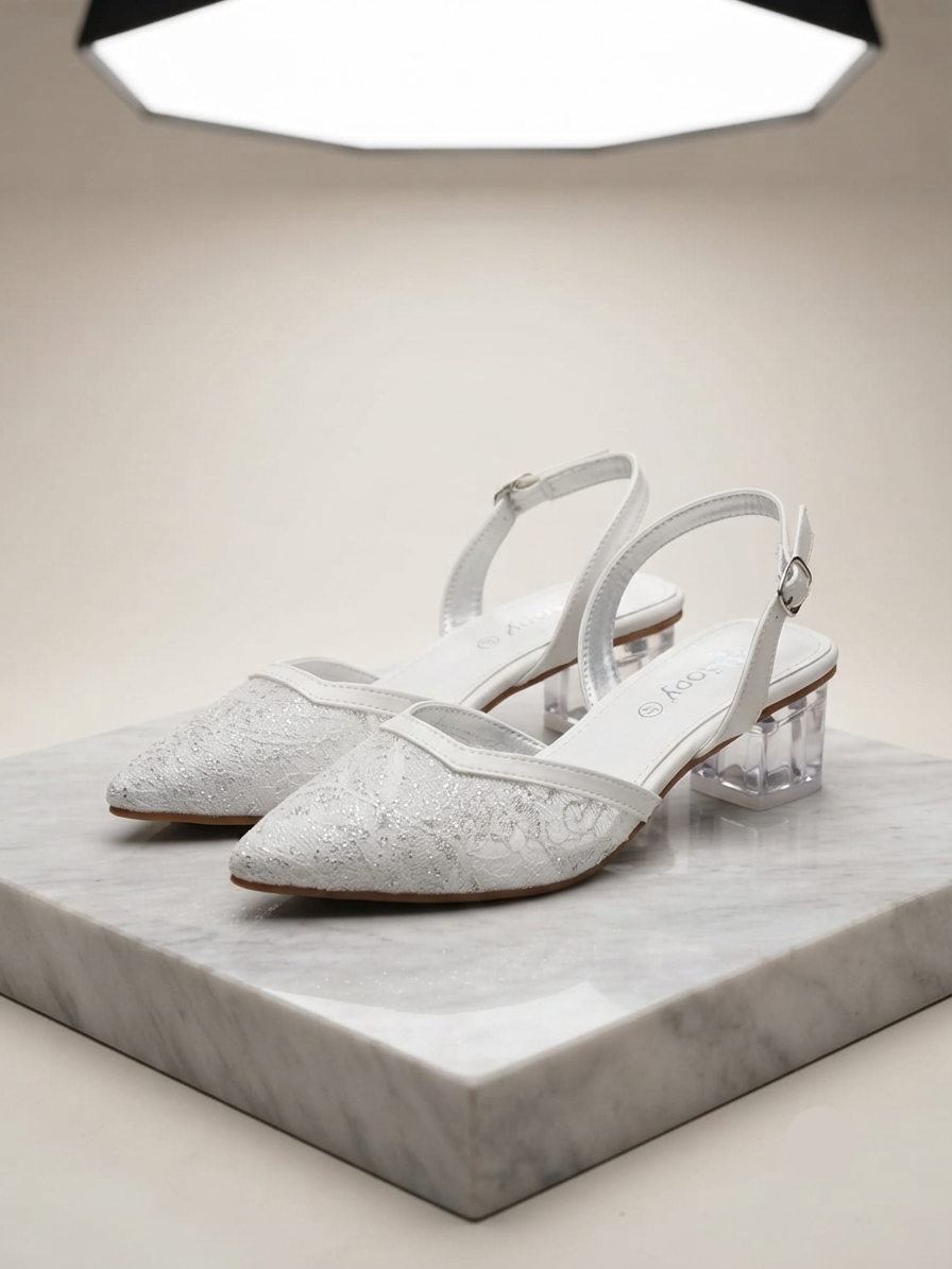 Elegant Blush Lace Clear Block Heels for Women | Party & Wedding Wear Slingbacks
