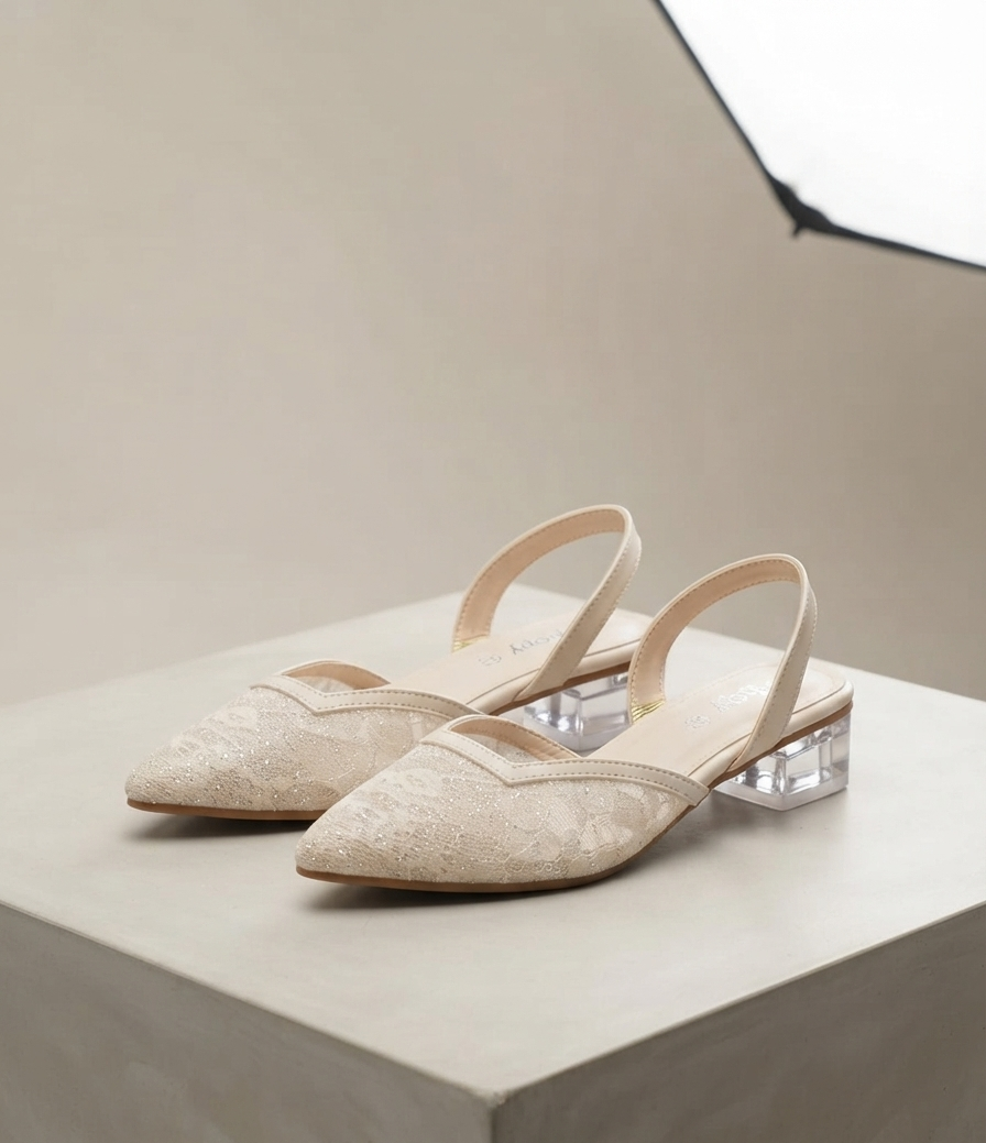 Elegant Blush Lace Clear Block Heels for Women | Party & Wedding Wear Slingbacks