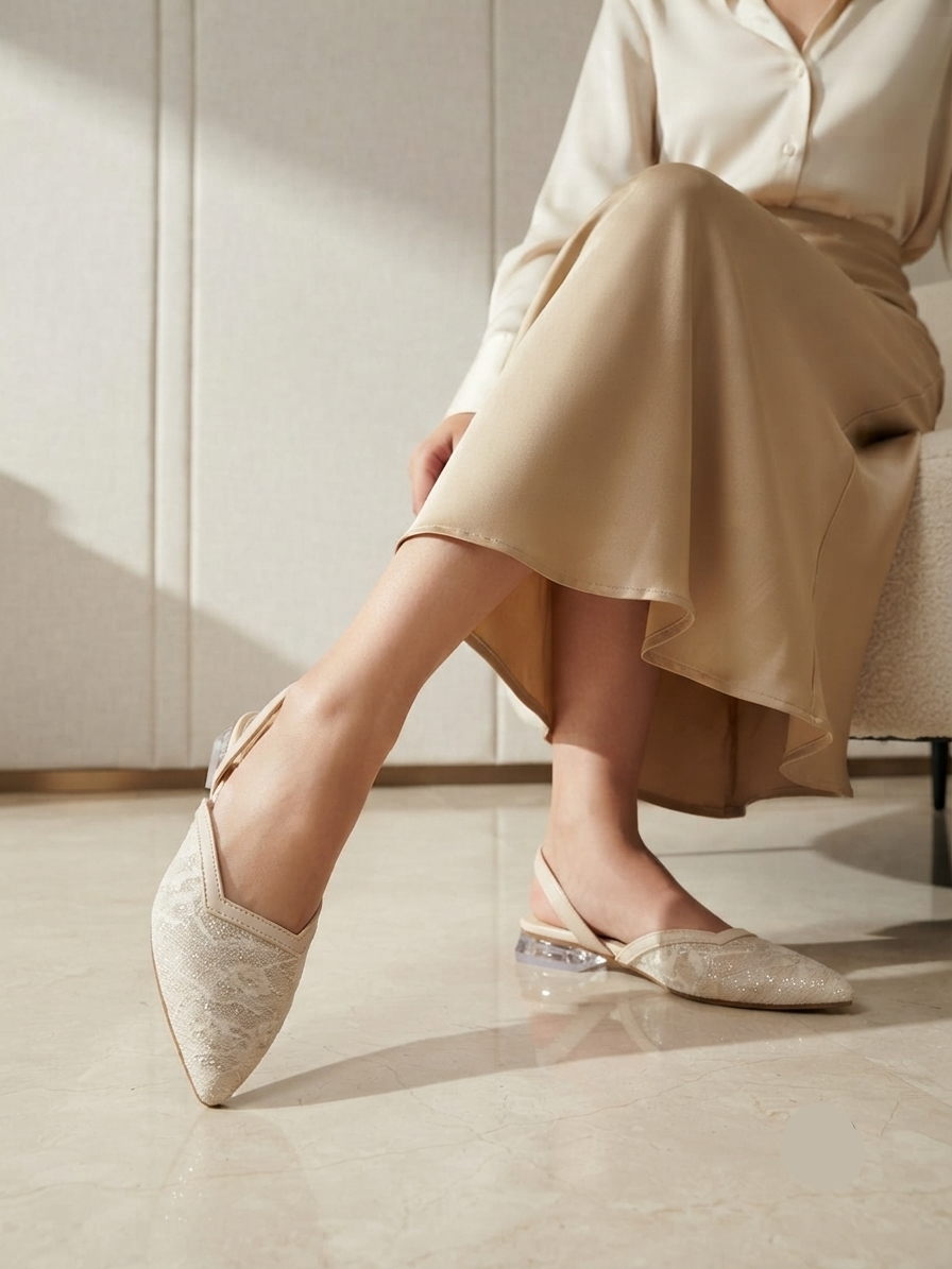 Elegant Blush Lace Clear Block Heels for Women | Party & Wedding Wear Slingbacks