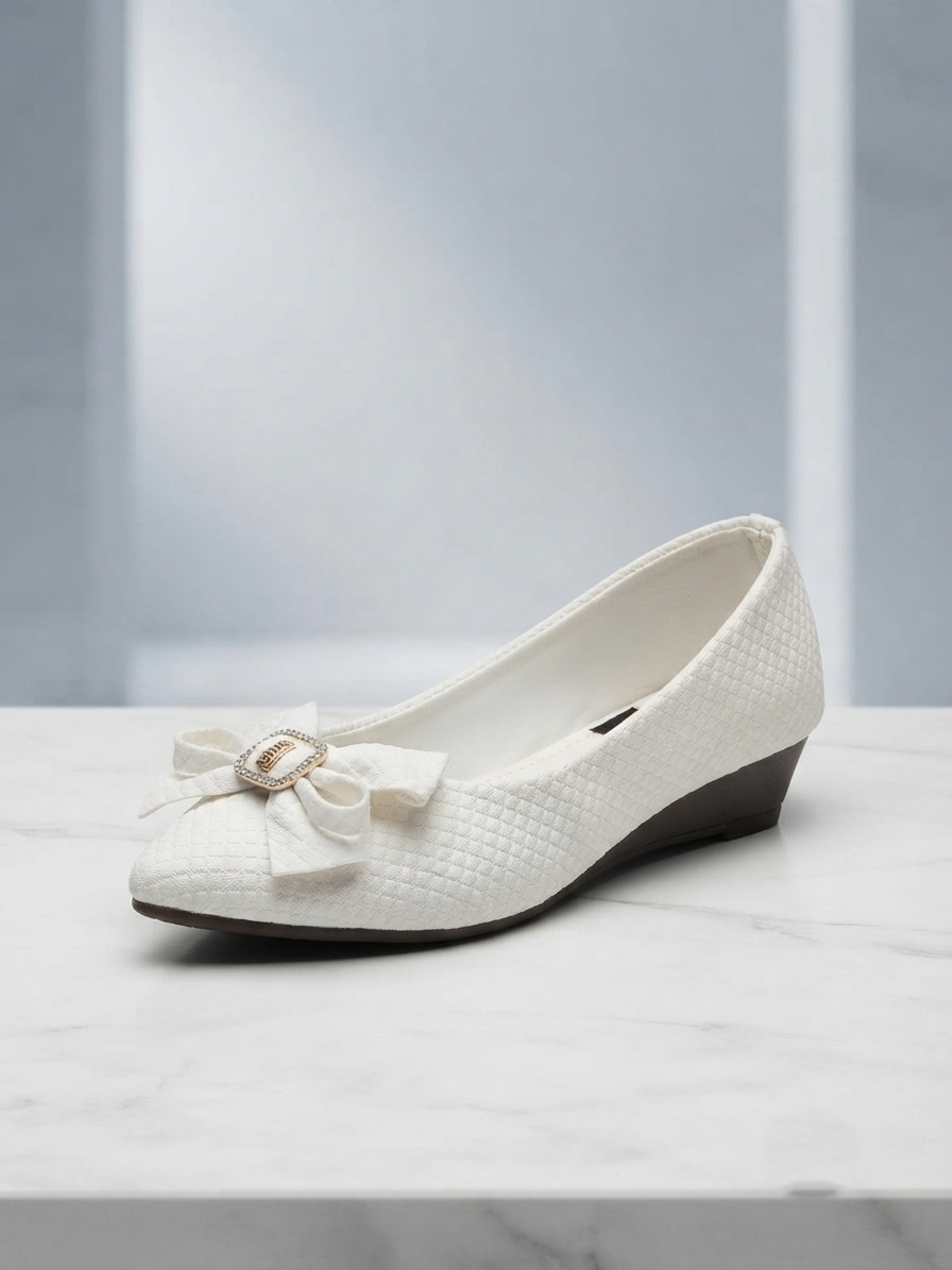 Elegant Off-White Quilted Bow Wedge Pumps for Women | Casual & Office Wear Shoes