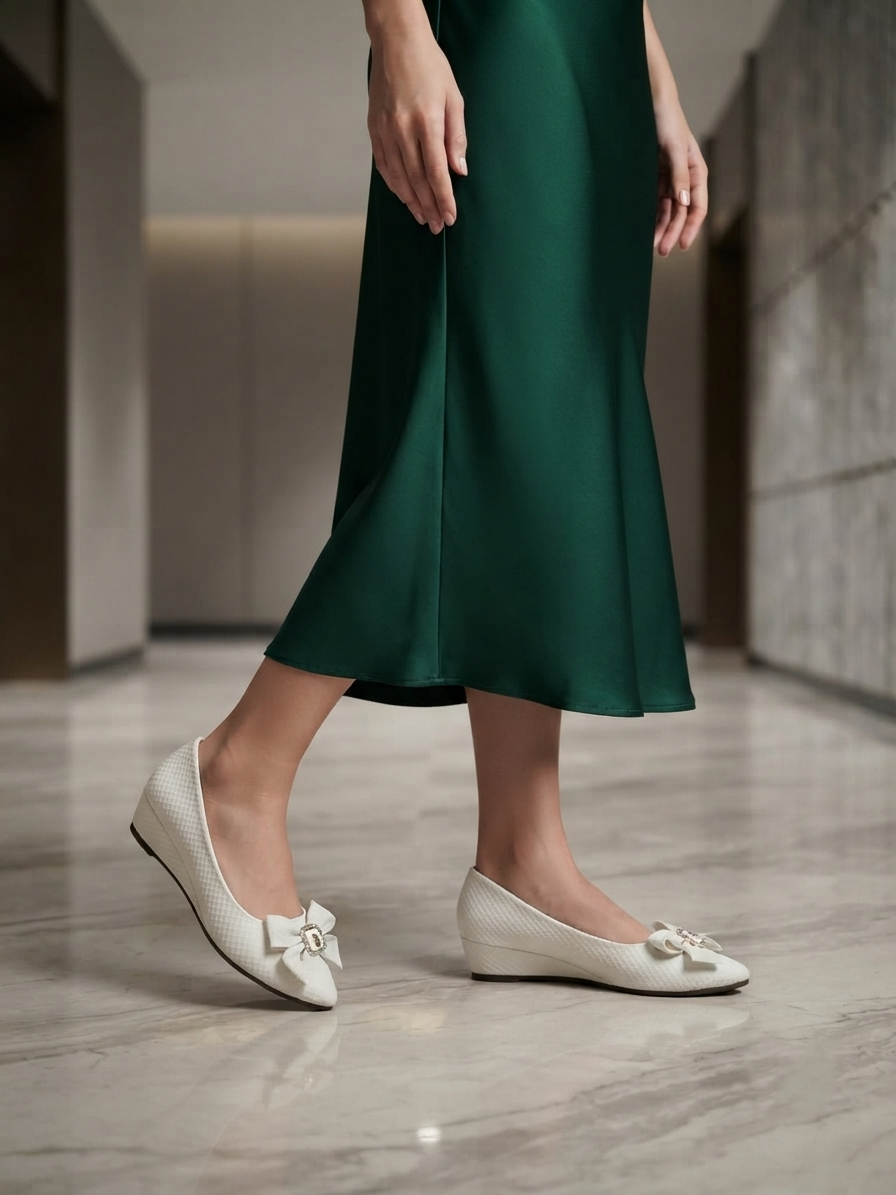 Elegant Off-White Quilted Bow Wedge Pumps for Women | Casual & Office Wear Shoes