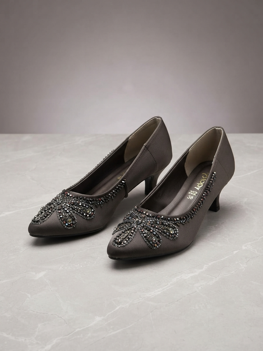 Elegant Charcoal Grey Embellished Kitten Heel Pumps for Women | Party & Wedding Wear