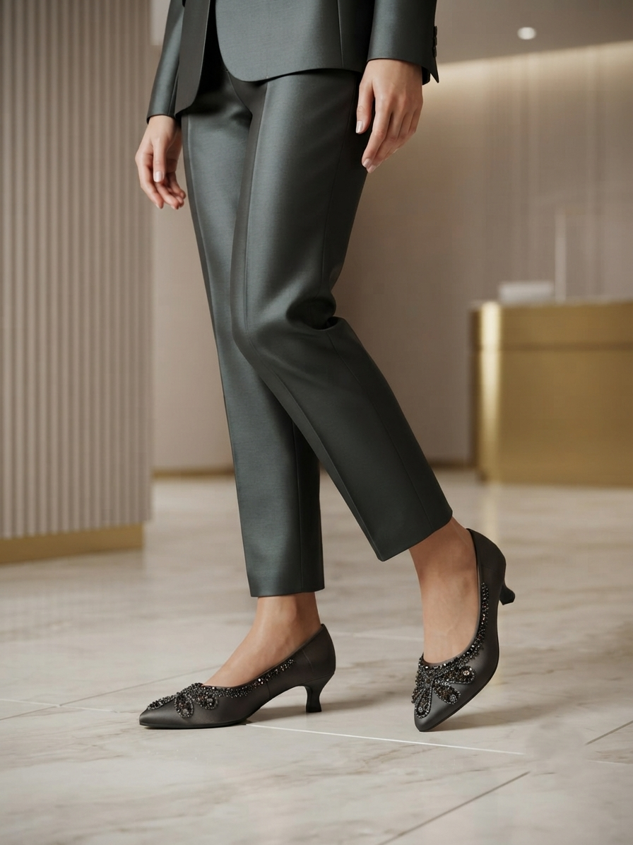 Elegant Charcoal Grey Embellished Kitten Heel Pumps for Women | Party & Wedding Wear