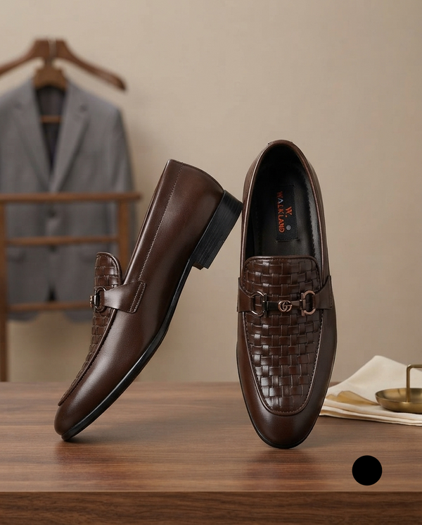 Premium Dark Brown Woven Formal Loafers for Men | Business & Office Slip-On Shoes