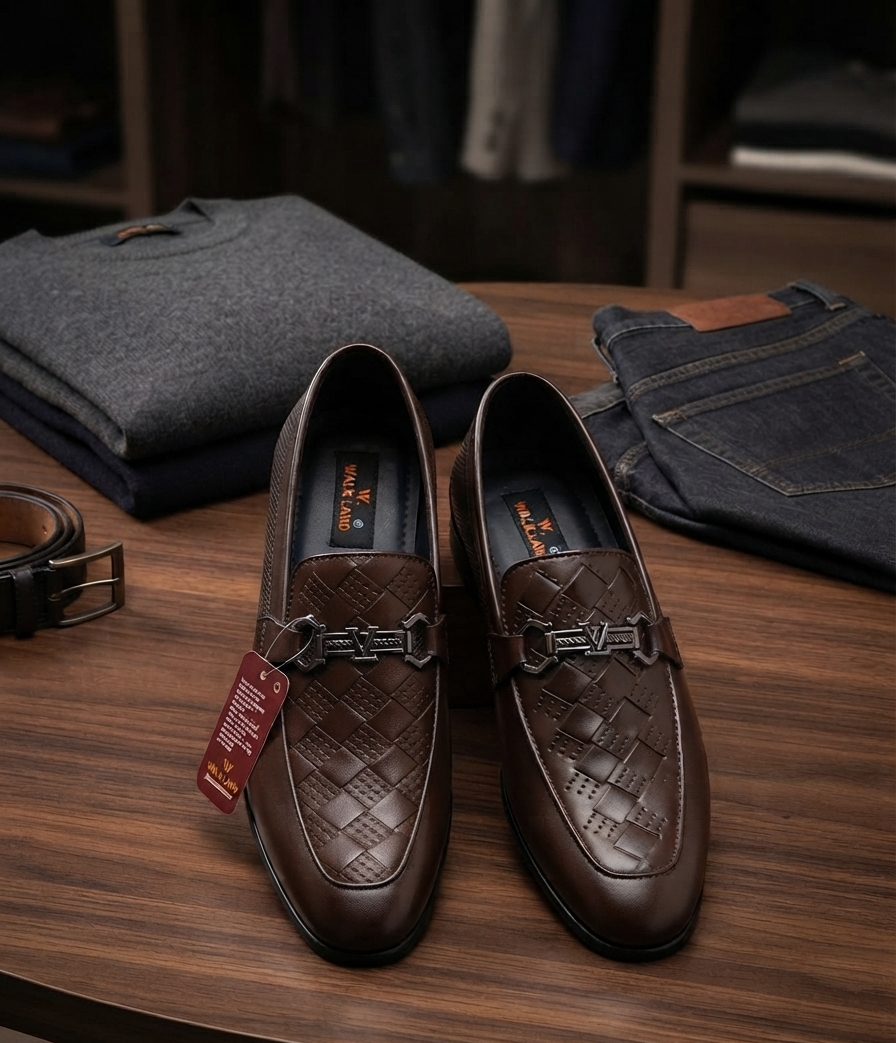 Premium Men's Brown Woven Formal Loafers with Metal Buckle