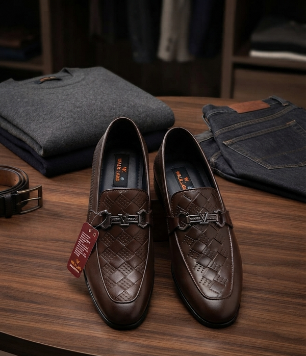 Premium Men's Brown Woven Formal Loafers with Metal Buckle