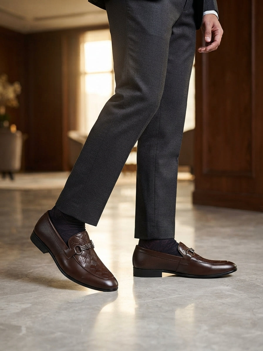 Premium Men's Brown Woven Formal Loafers with Metal Buckle