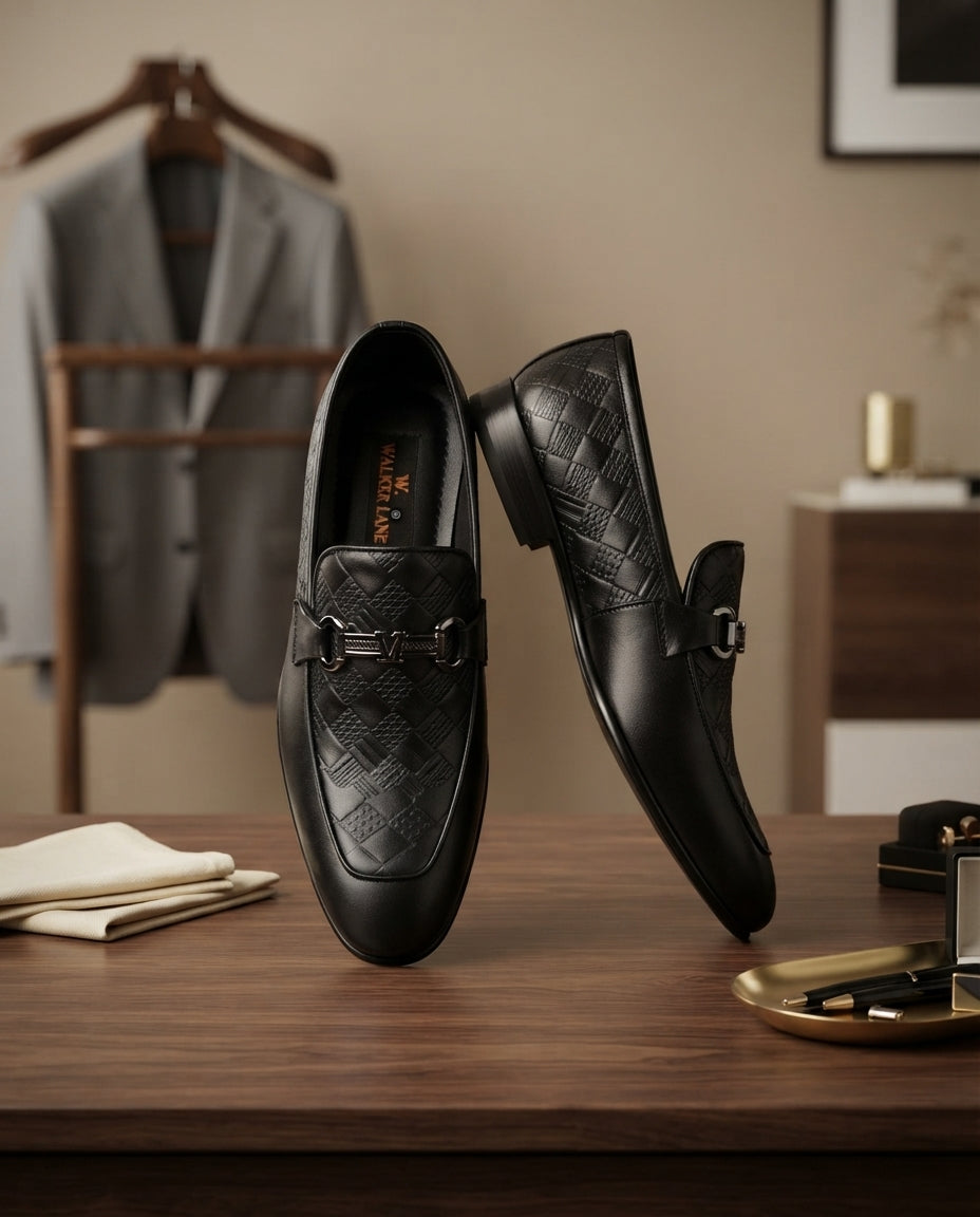 Premium Men's Brown Woven Formal Loafers with Metal Buckle