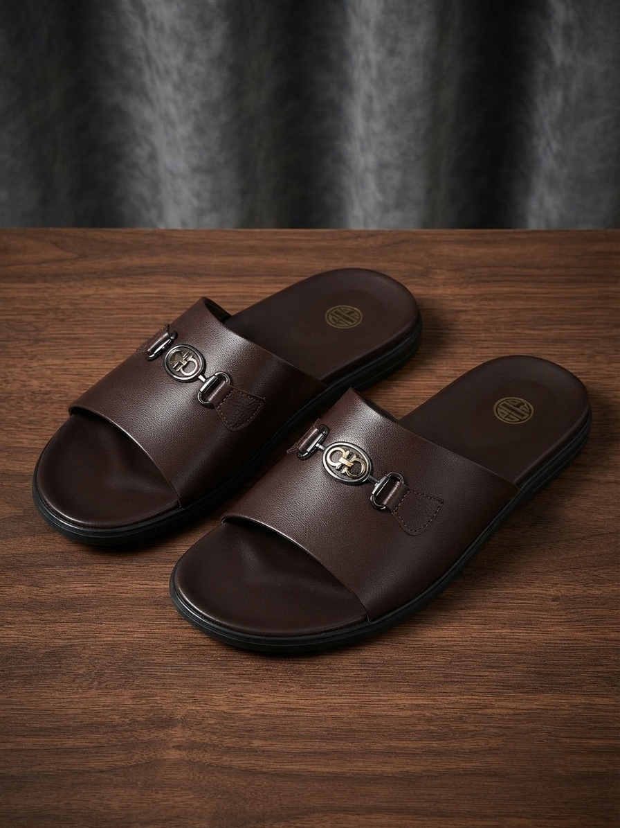 Premium Brown Men's Casual Slides with Metal Horsebit Buckle