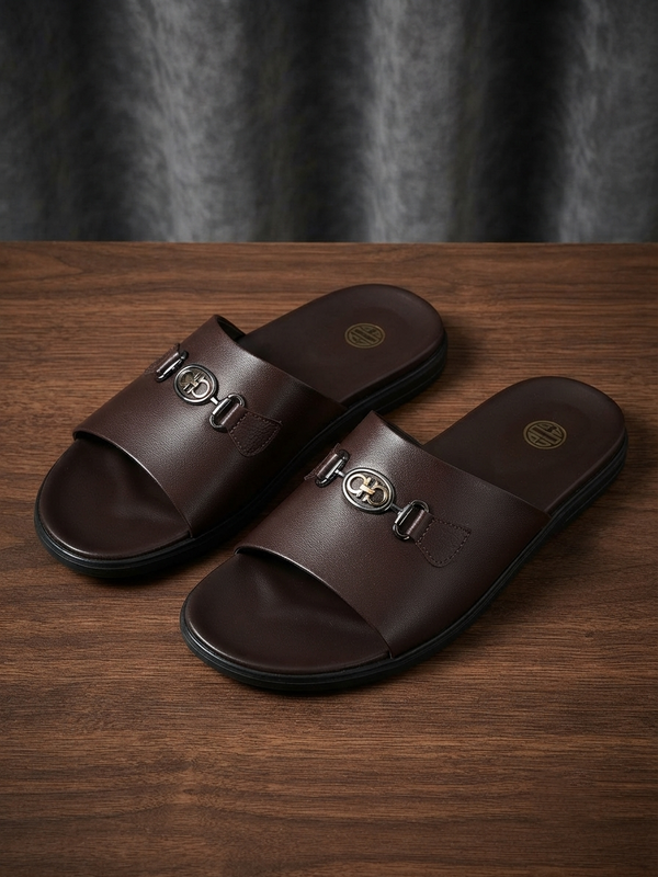 Premium Brown Men's Casual Slides with Metal Horsebit Buckle