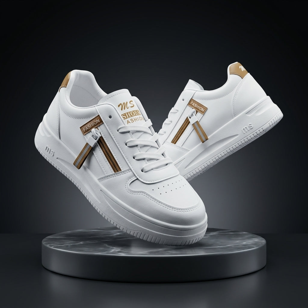 Trendy White Casual Sneakers with Side Zipper Accent for Men | Streetwear Shoes