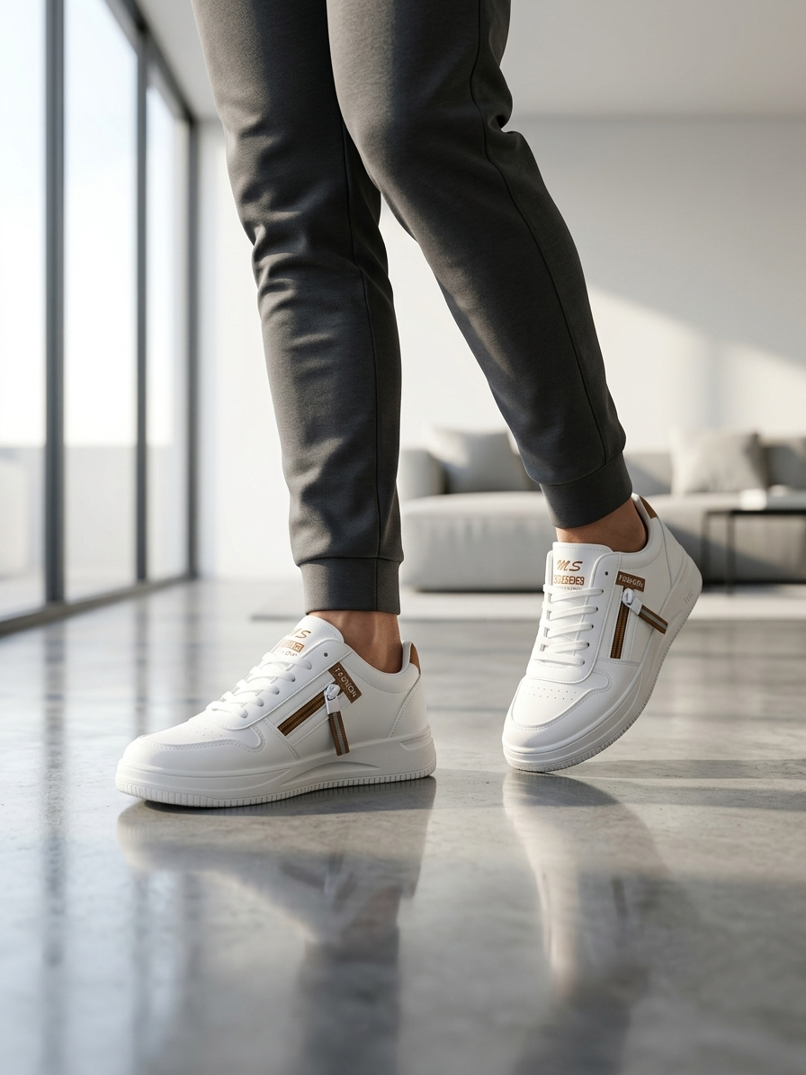 Trendy White Casual Sneakers with Side Zipper Accent for Men | Streetwear Shoes