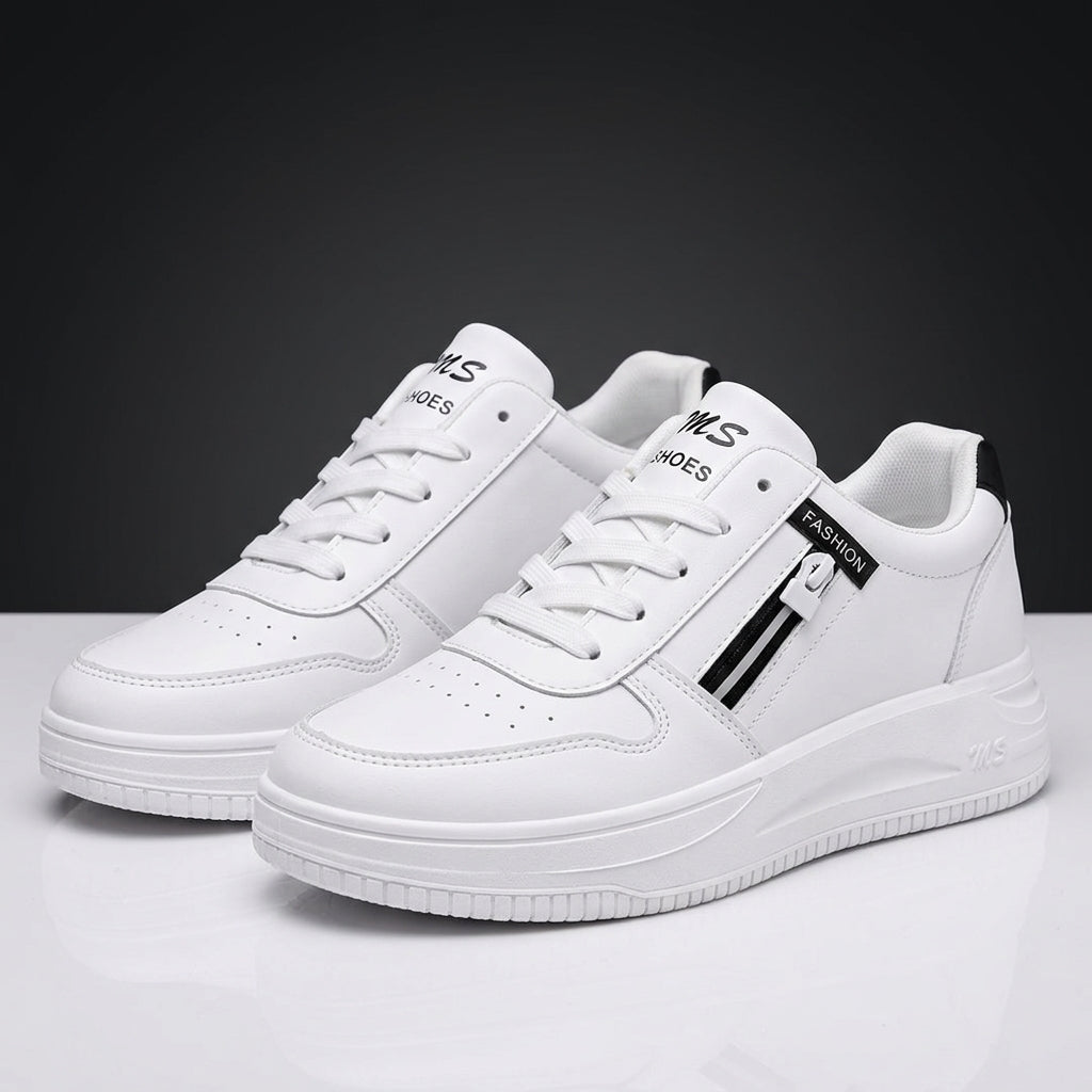 Trendy White Casual Sneakers with Side Zipper Accent for Men | Streetwear Shoes