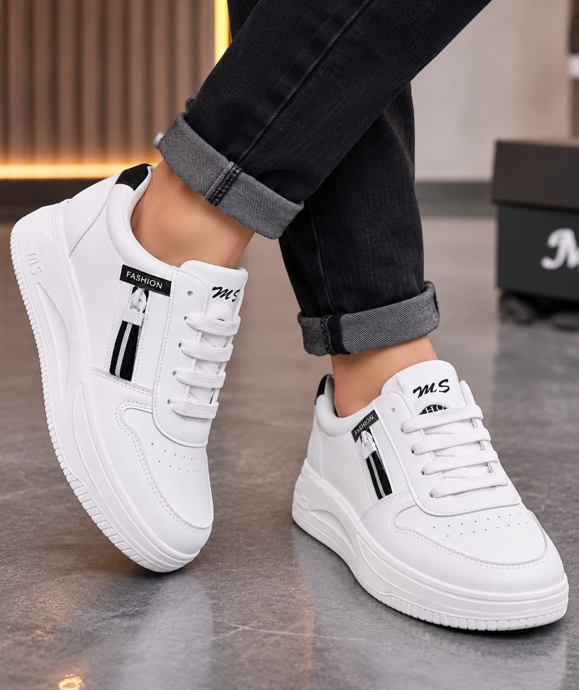 Trendy White Casual Sneakers with Side Zipper Accent for Men | Streetwear Shoes