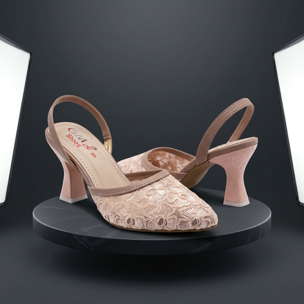 Elegant Floral Lace Slingback Heels for Women | Bridal & Party Wear Shoes
