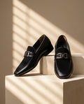 Men’s Classic Leather Formal Loafers with Metallic Buckle Accent – Black